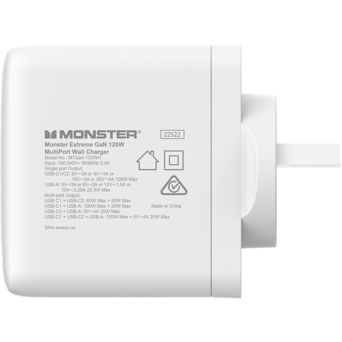 Monster 120W GaN USB-C/A Port Wall Charger (White)