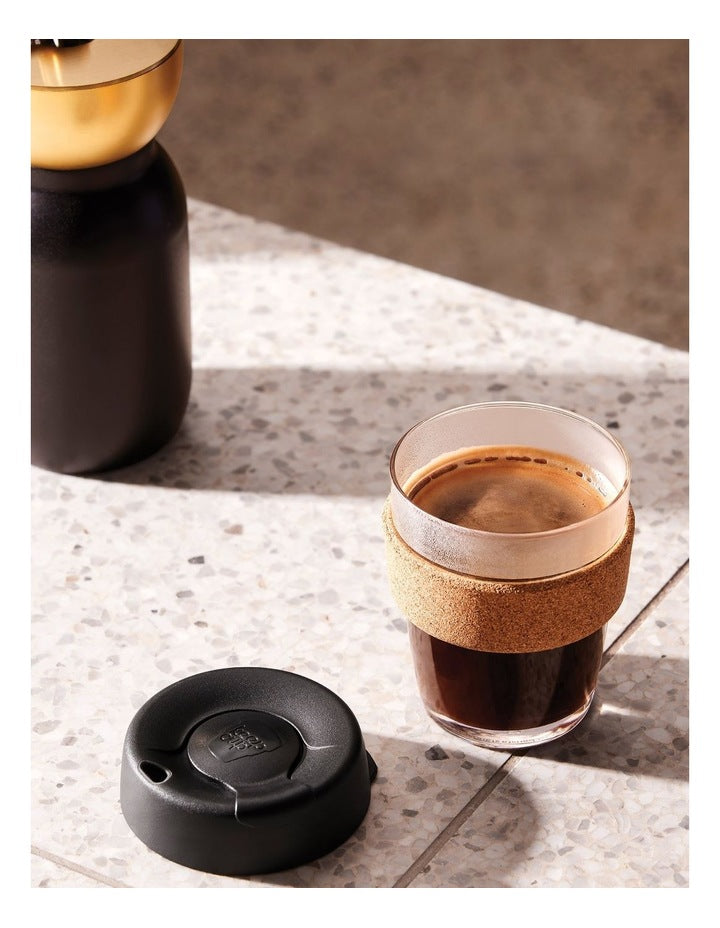 Brew Cork, Reusable Glass Cup, Black, M 12oz / 340ml