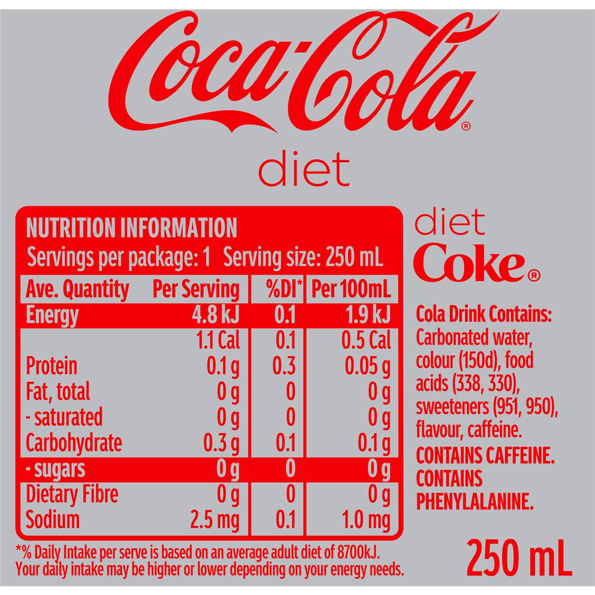 Coca-Cola Diet Soft Drink Can 250mL