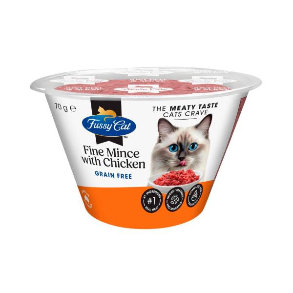 FUSSY CAT GRAIN FREE ADULT CHILLED FRESH CAT FOOD FINE MINCE WITH CHICKEN 70GRAM