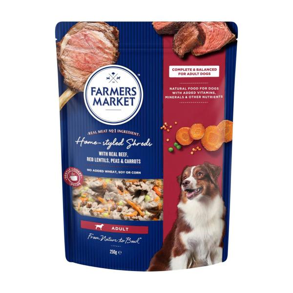 FARMERS MARKET ADULT DOG FOOD HOMESTYLE SHREDS WITH BEEF RED LENTILS PEAS & CARROTS 250GRAM