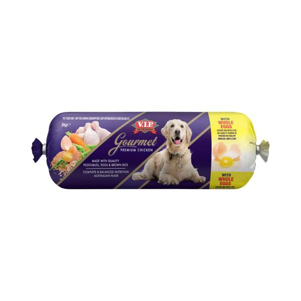 V.I.P GOURMET ADULT CHILLED FRESH DOG FOOD ROLL PREMIUM CHICKEN WITH VEGETABLES & BROWN RICE 3KG