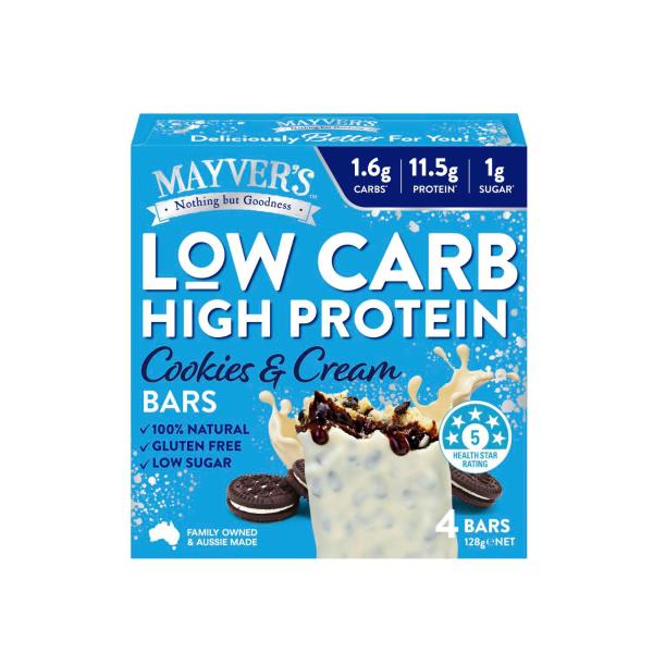 MAYVER'S LOW CARB HIGH PROTEIN COOKIES & CREAM BARS 4 PACK 128G