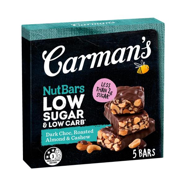 CARMAN'S LOW SUGAR LOW CARB NUT BARS DARK CHOC ROASTED ALMOND & CASHEW 160G