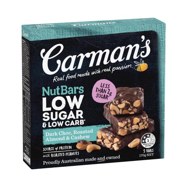 CARMAN'S LOW SUGAR LOW CARB NUT BARS DARK CHOC ROASTED ALMOND & CASHEW 160G