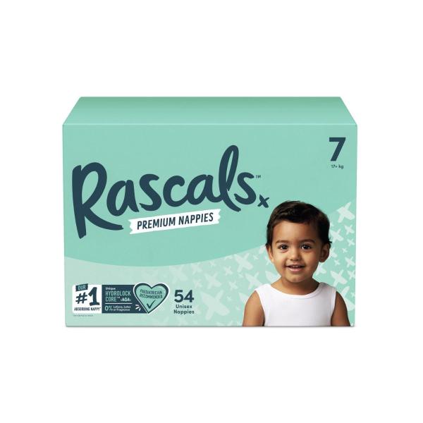 RASCALS PREMIUM NAPPIES SIZE 7 (17+KG) 54 PACK