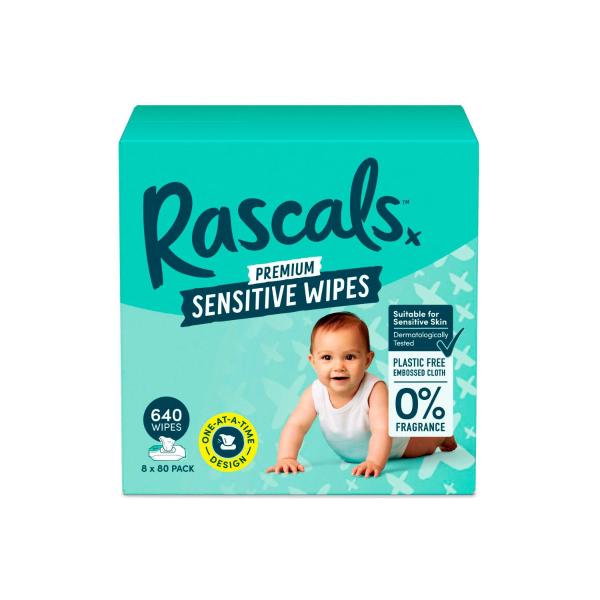 RASCALS PREMIUM SENSITIVE WIPES PLASTIC FREE CLOTH 640 PACK
