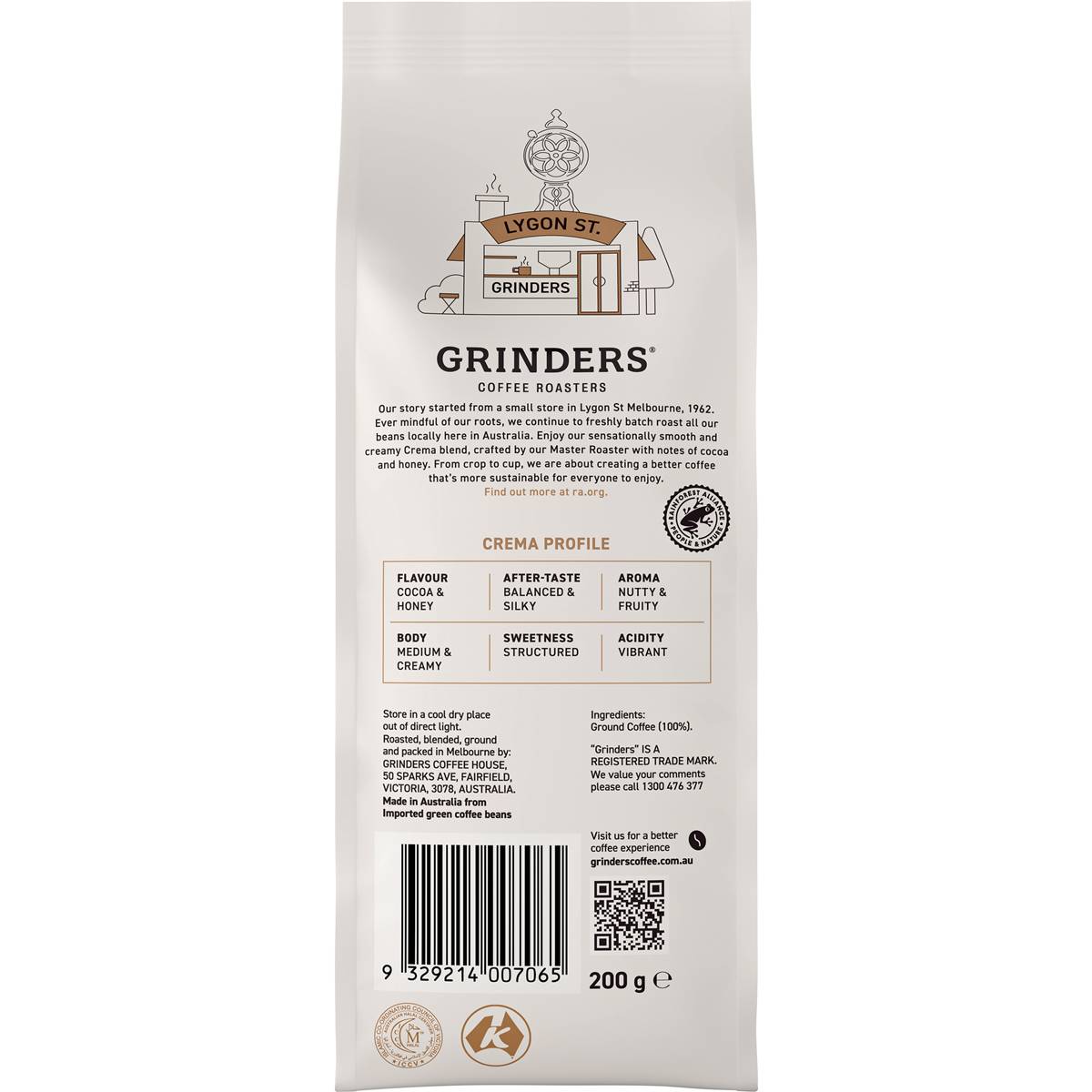Grinders Crema Ground Coffee 200g