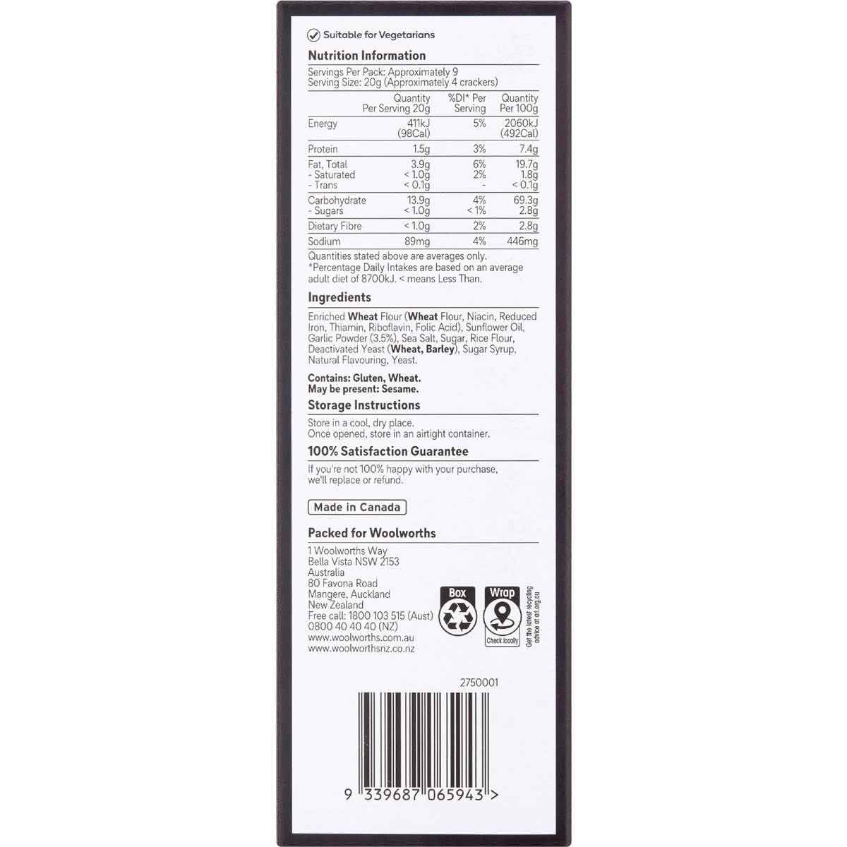 Woolworths Garlic Crackers 185g