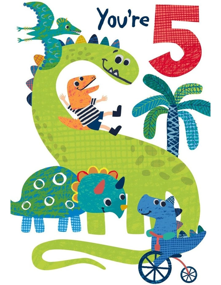 Dinosaurs Playing Boy's 5th Birthday Card