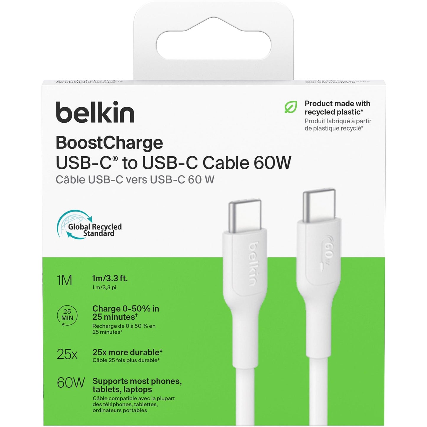 Belkin BoostCharge USB-C 60W 2.0 PCR Cable 1m (White)
