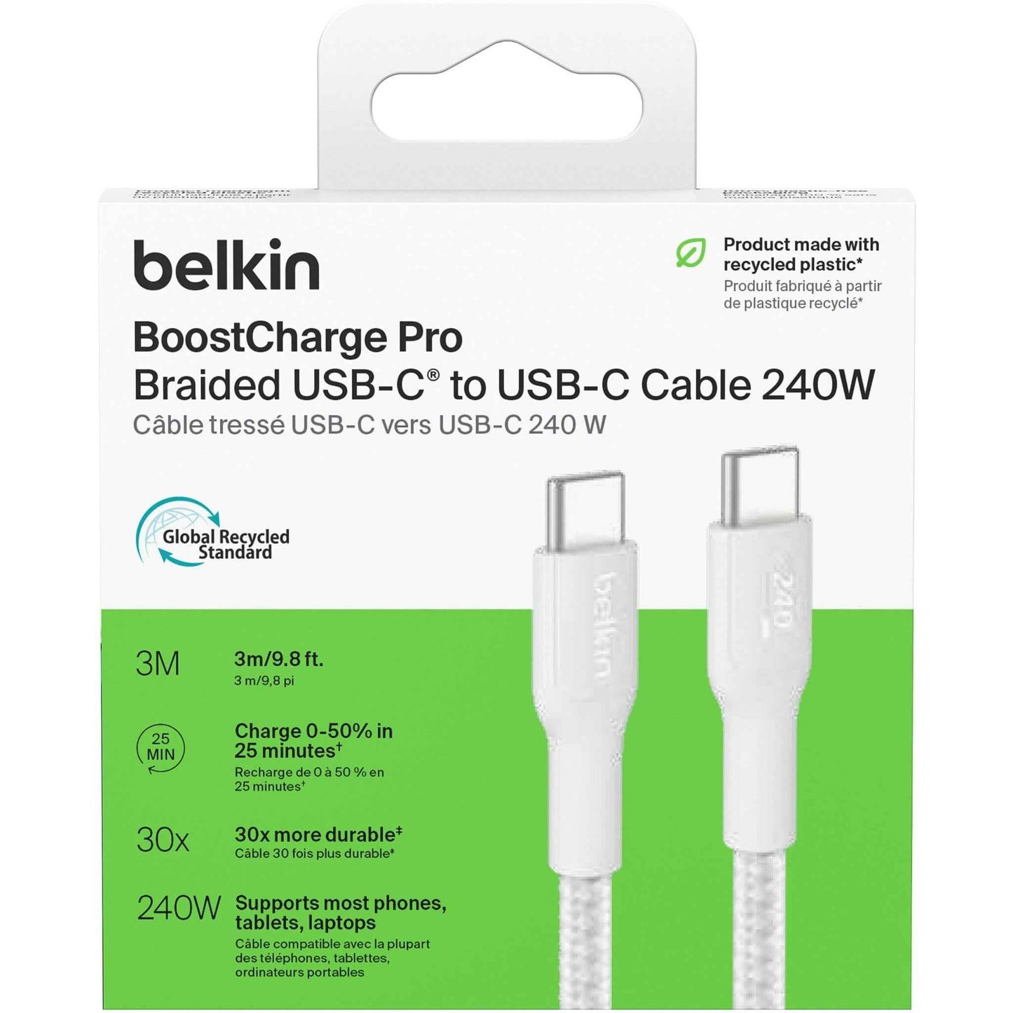Belkin BoostCharge Pro USB-C 240W 2.0 Braided Cable 3m (White)