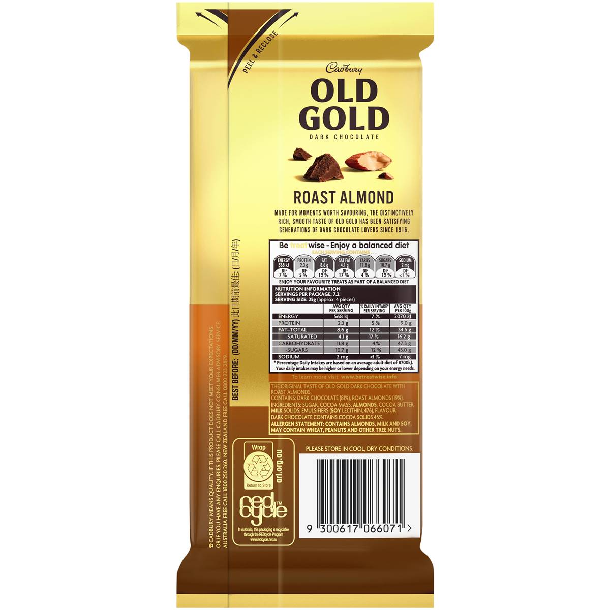 Cadbury Old Gold Roast Almond Dark Chocolate Block 180g