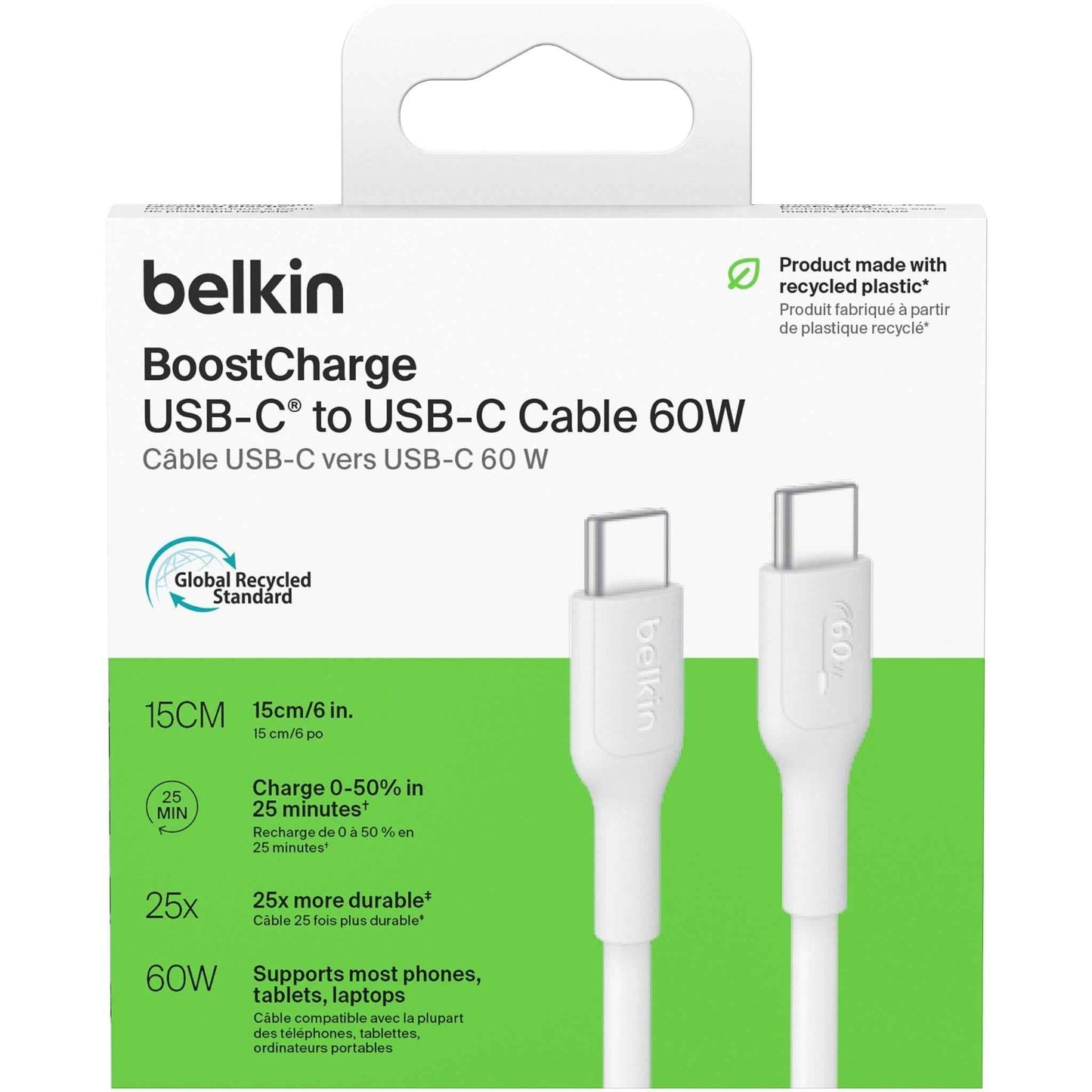 Belkin BoostCharge USB-C 60W 2.0 PCR Cable 15cm (White)