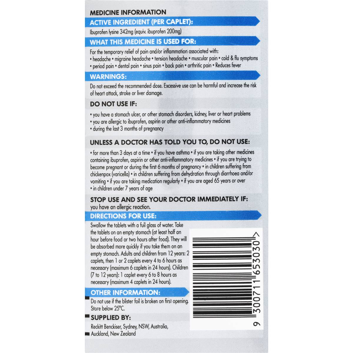 Nurofen Quickzorb Fast Pain Relief Caplets Ibuprofen Lysine 342mg 24 Pack