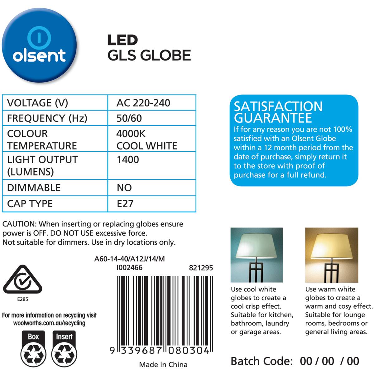 Olsent Led Gls Es 14w 1400lm Cw 2 Pack