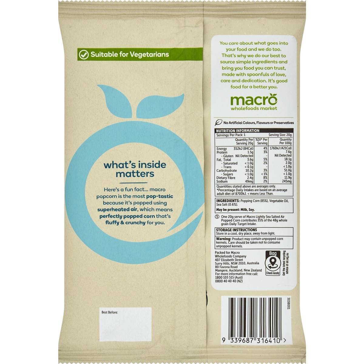 Macro Popcorn Air Popped Light 20g