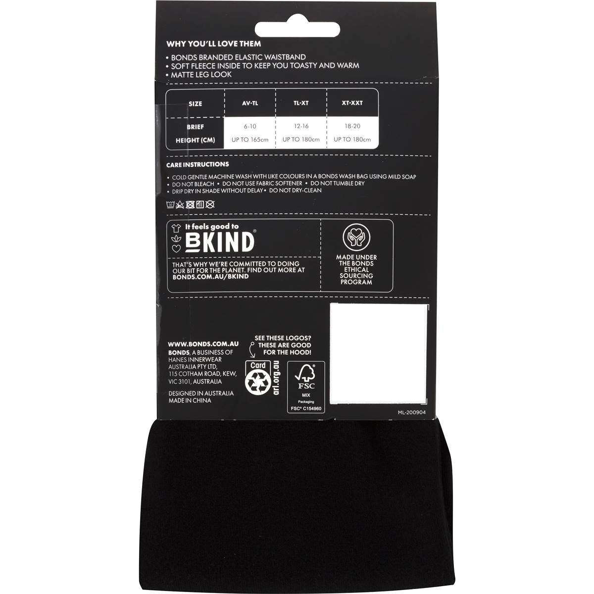 Bonds Comfy Tops Fleecy Tights Black Tl-Xt Each