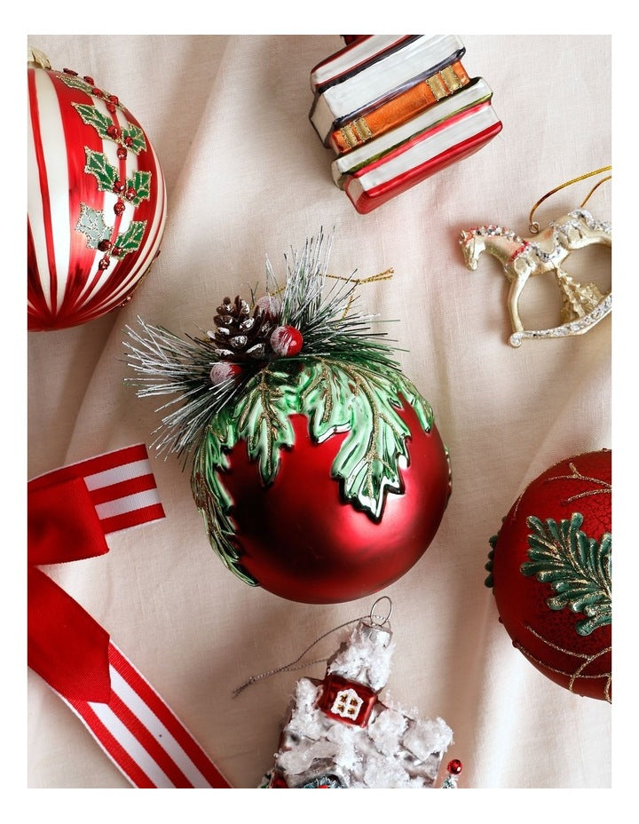 Heirloom Christmas Glass Mistletoe with Pinecone Foliage BaubleRed: 12cm