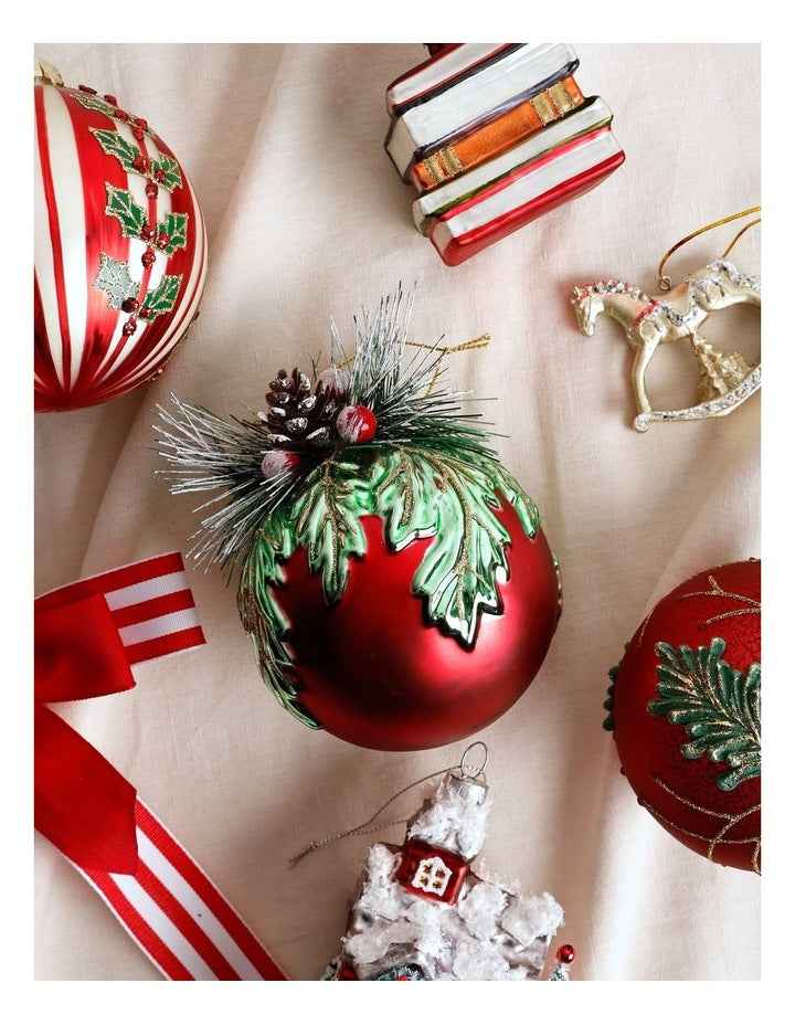 Heirloom Christmas Glass Mistletoe with Pinecone Foliage BaubleRed: 12cm