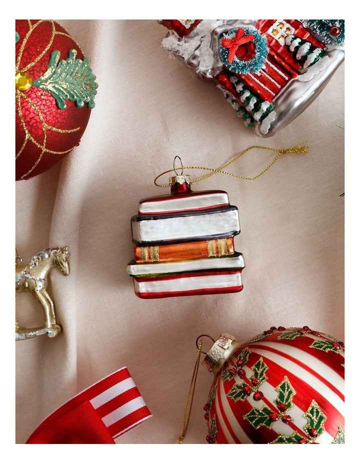 Heirloom Christmas Glass Stacked Books OrnamentRed/Blue: 6 cm