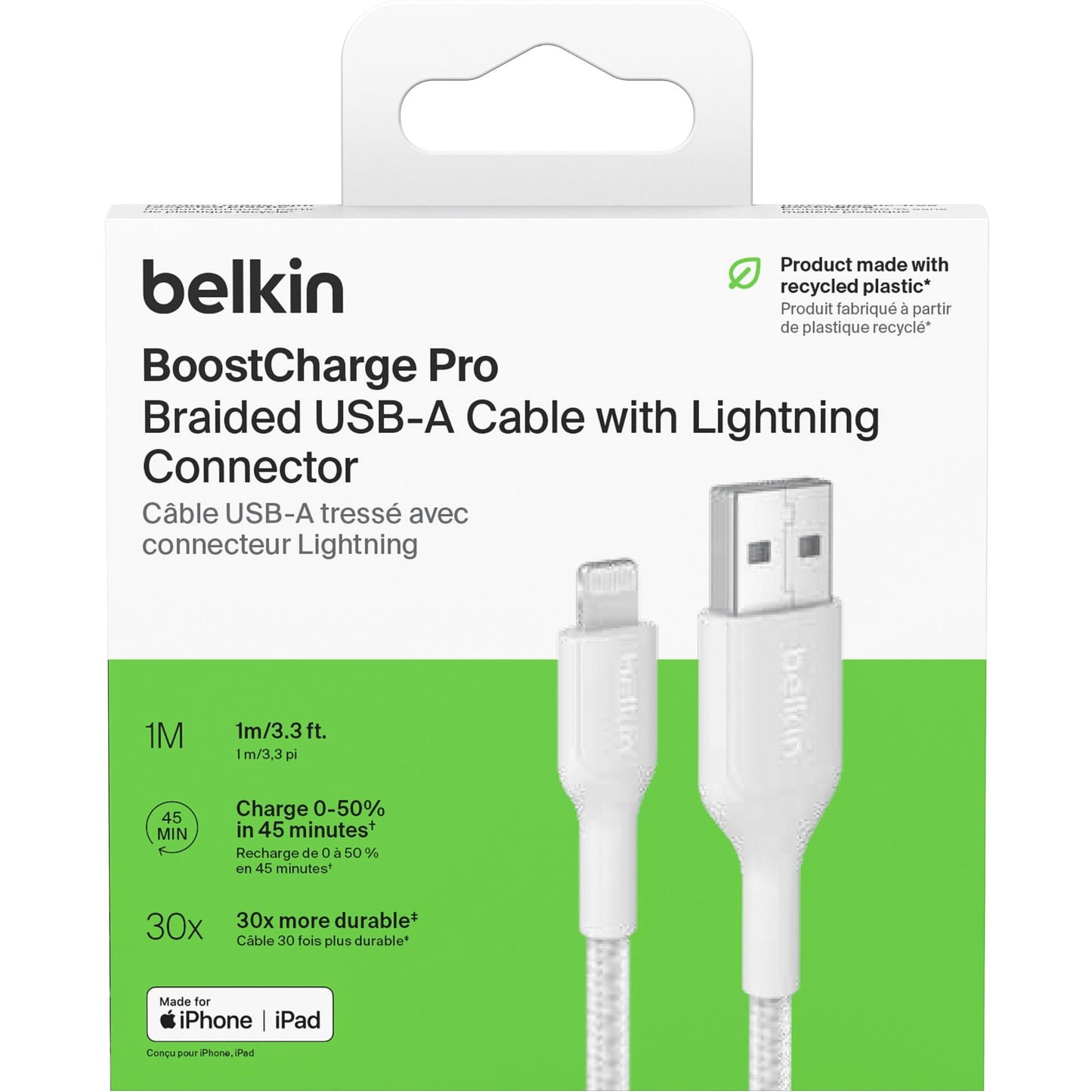 Belkin BoostCharge Braided USB-A to Lightning Cable 1m (White)