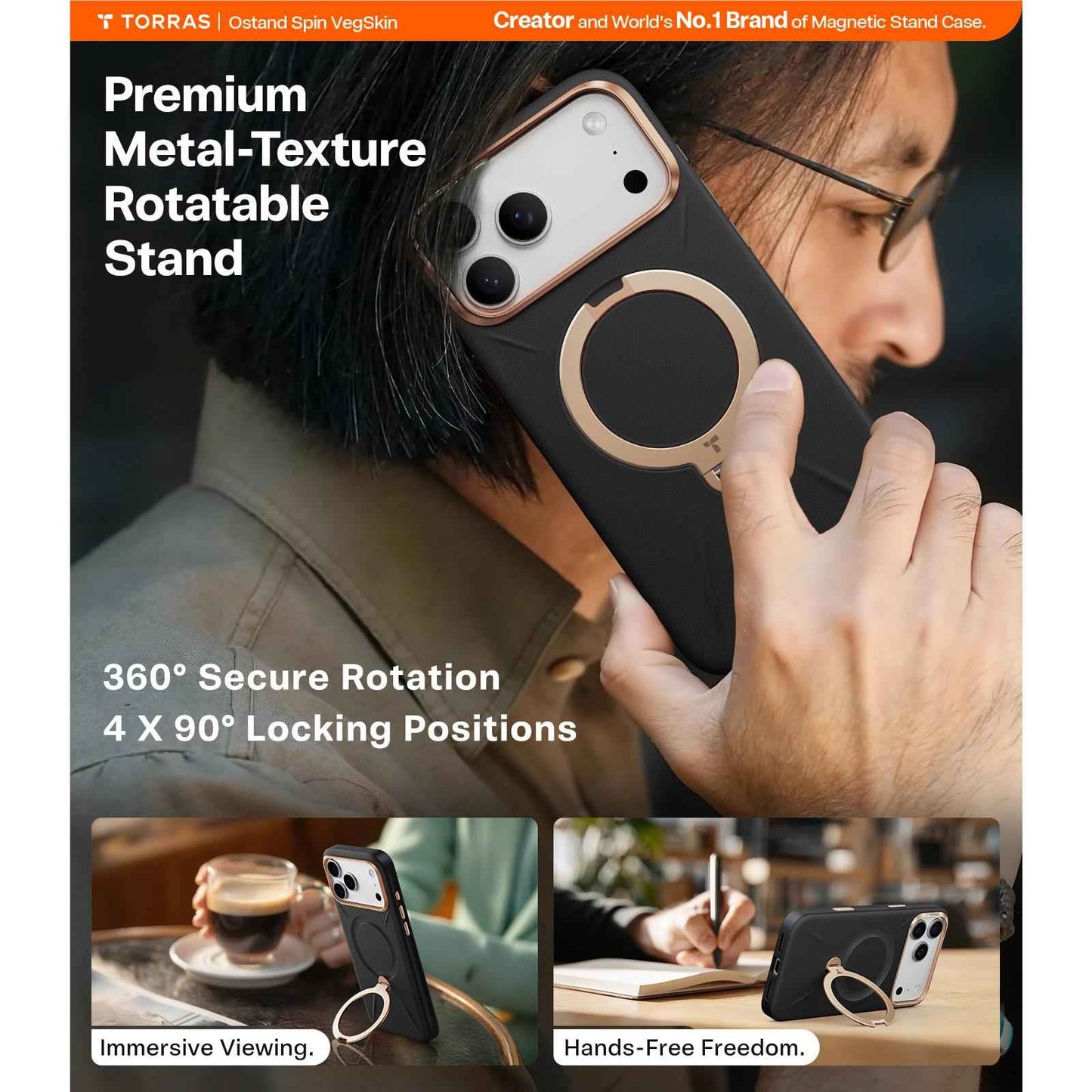 Torras Ostand Spin Vegan Leather Case for iPhone 17 Pro (Ivory Black)