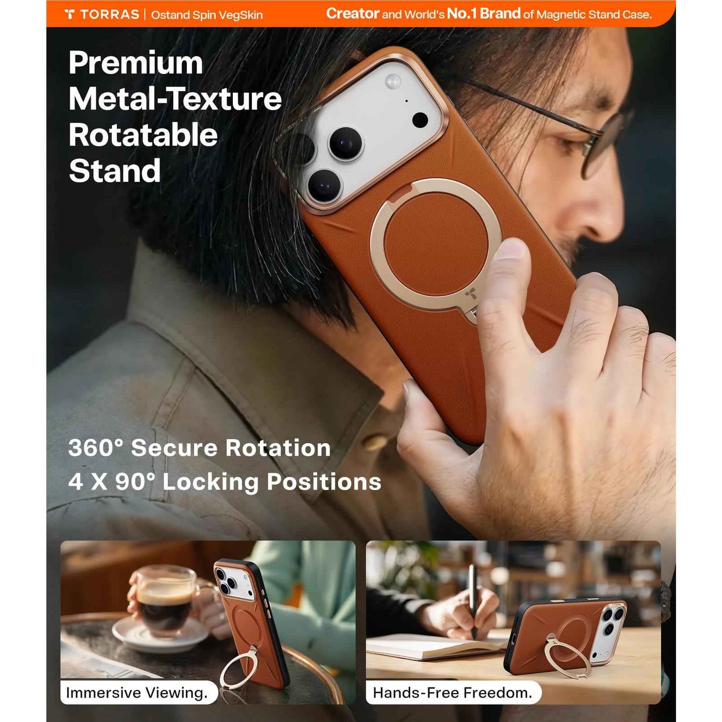 Torras Ostand Spin Vegan Leather Case for iPhone 17 Pro Max (Brown Gold)