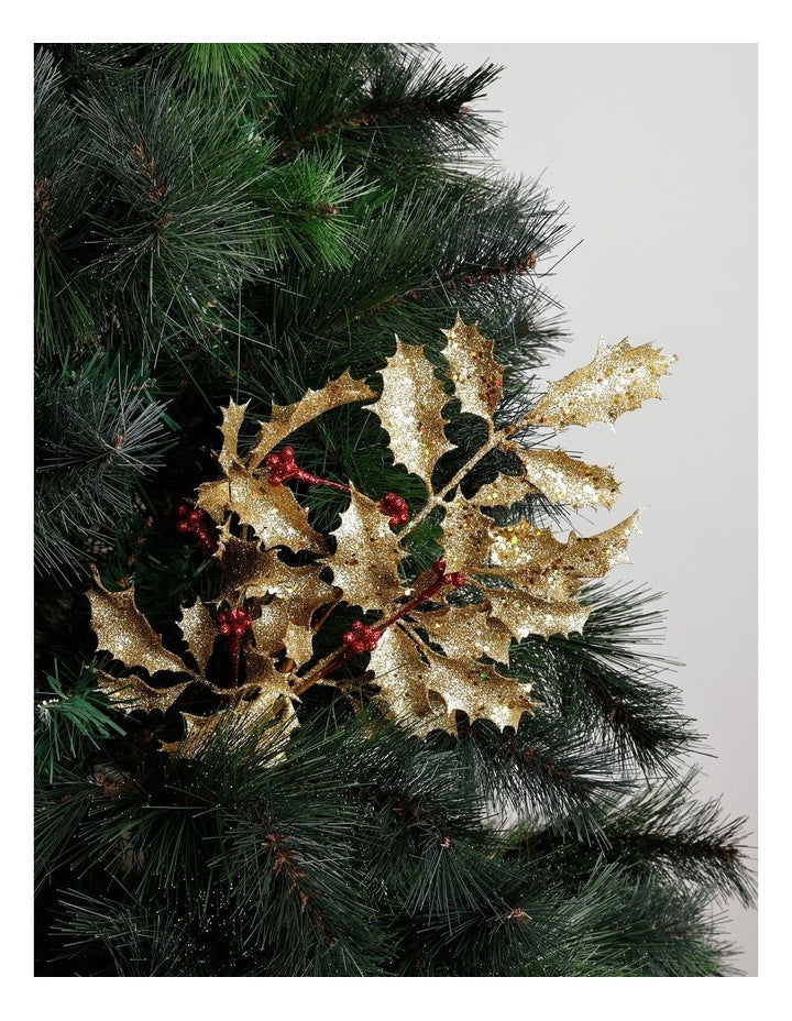 Heirloom Christmas Glittered Faux Holly Leaves & Berry Spray PickGold: 50 cm