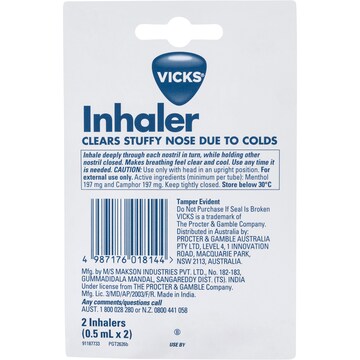 Vicks Nasal Decongestant Inhaler Twin 0.5mL x 2 pack