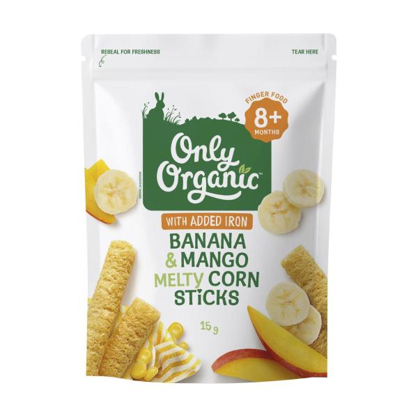ONLY ORGANIC BANANA & MANGO CORN STICKS 8 MONTHS+ 15G
