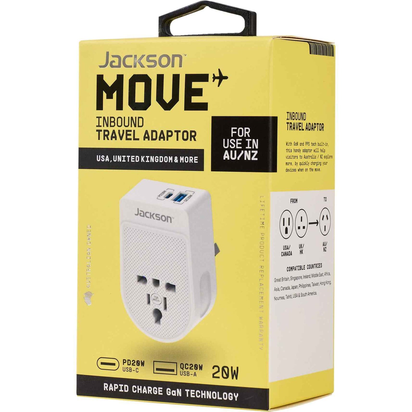 Jackson MOVE Rapid Charge PD20W USB-C/A Inbound Travel Adaptor for USA & UK