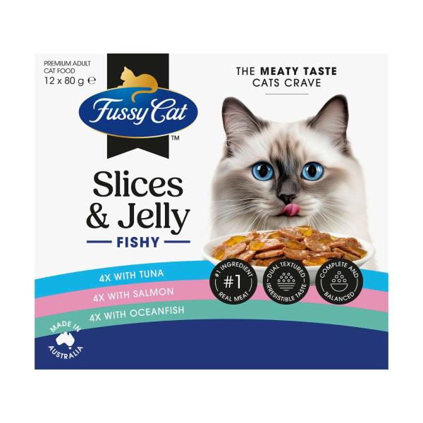 FUSSY CAT GRAIN FREE TWICE AS TASTY SLICES & JELLY FISHY WET CAT FOOD 12X80GRAM