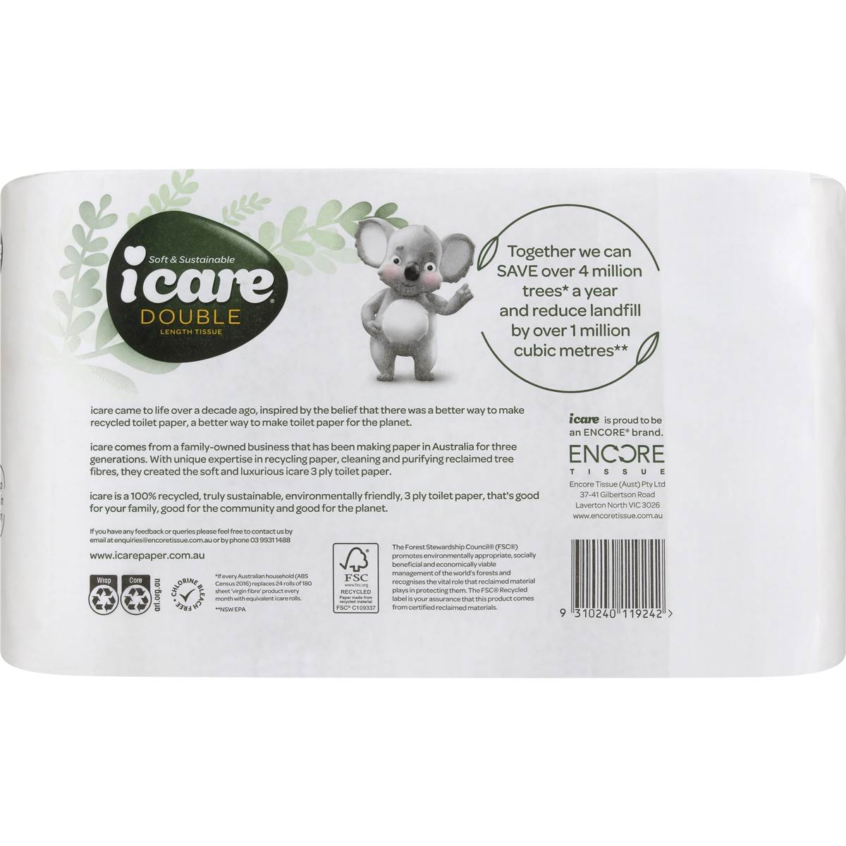 Icare 100% Recycled Toilet Tissue Double Length White 3 Ply 6 Pack