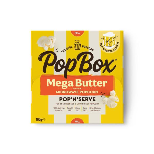 POPBOX MEGA BUTTER FLAVOUR MICROWAVE POPCORN GLUTEN & DAIRY FREE SNACK 100G