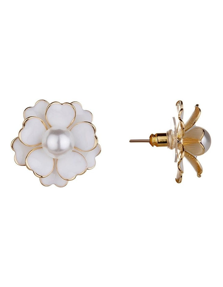 Enamel Flower Gold Stud Earring in White