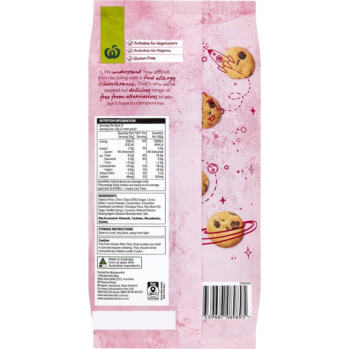 Woolworths Free From Gluten Choc Chip Mini Cookies 8 Pack