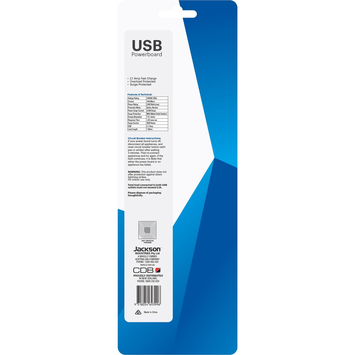 Jackson Surge Protected Board w/ 4 x Power Socket, 2 x USB-A Outlets