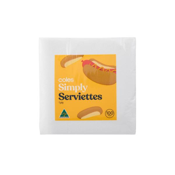 COLES SIMPLY WHITE SERVIETTES 100PCK