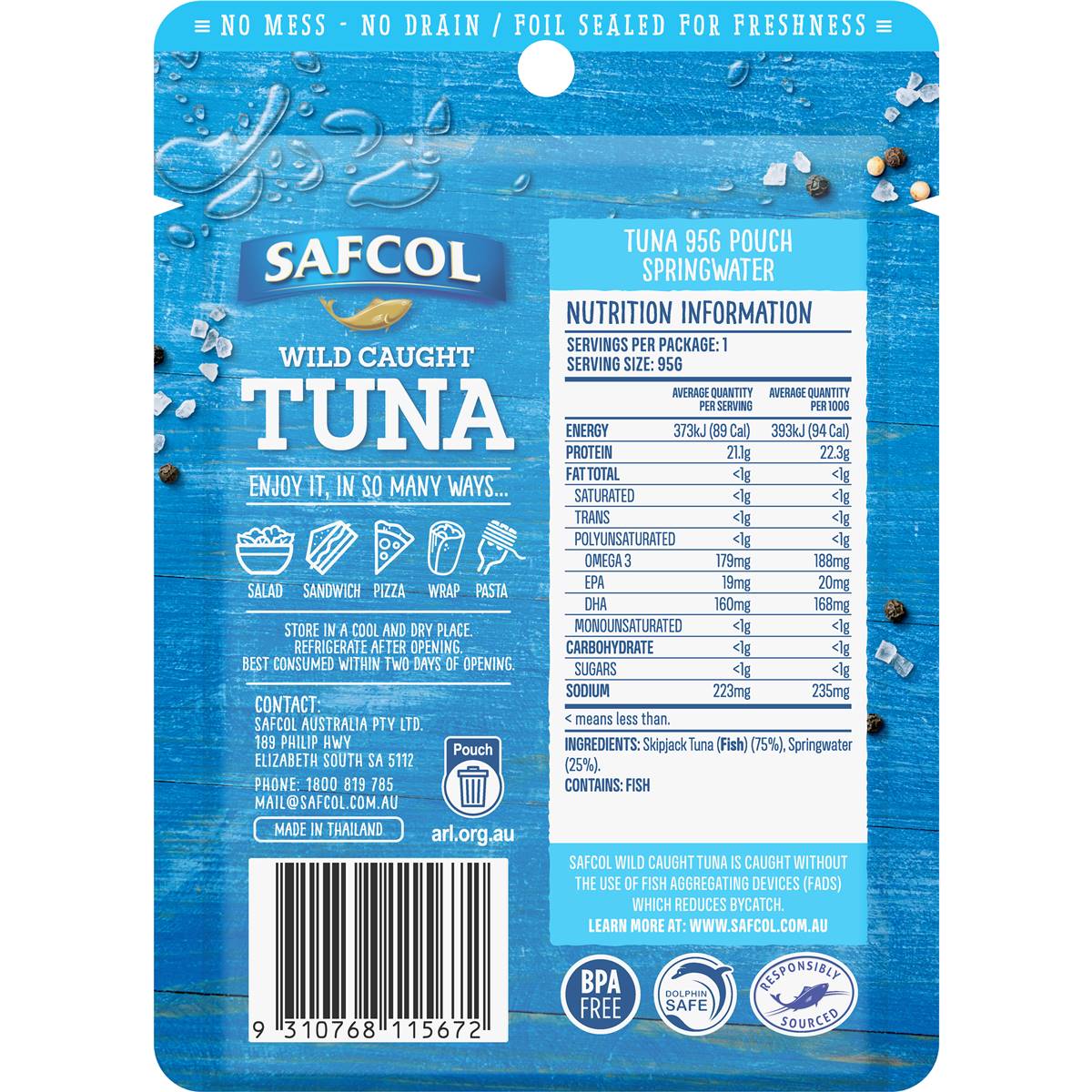 Safcol Wild Caught Tuna Springwater 95g