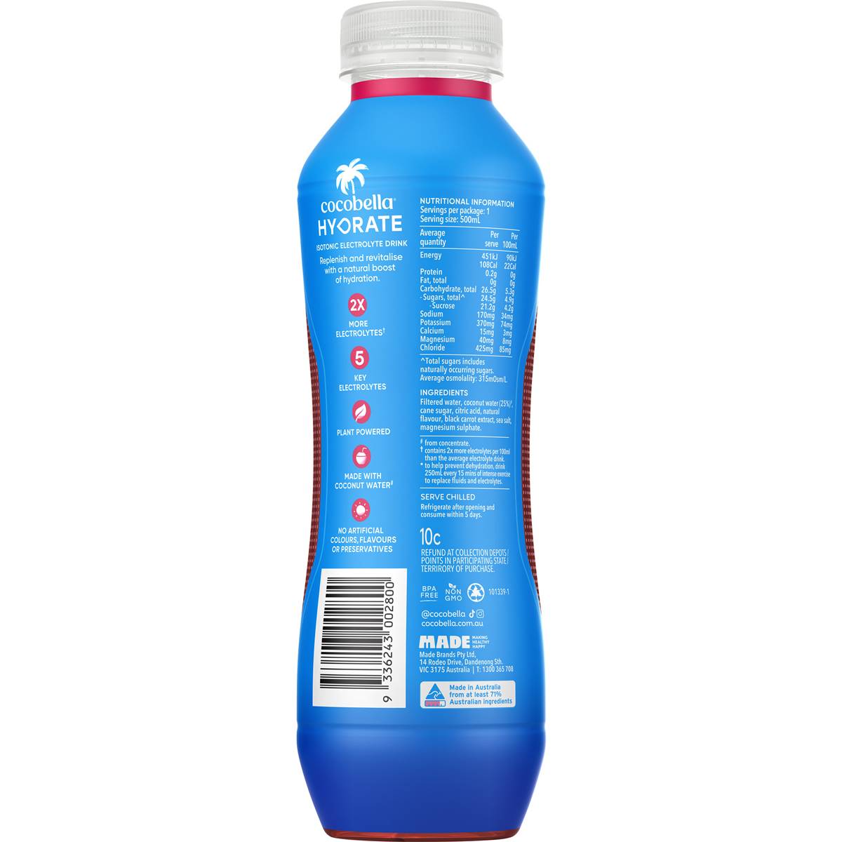 Cocobella Hydrate Raspberry 500ml