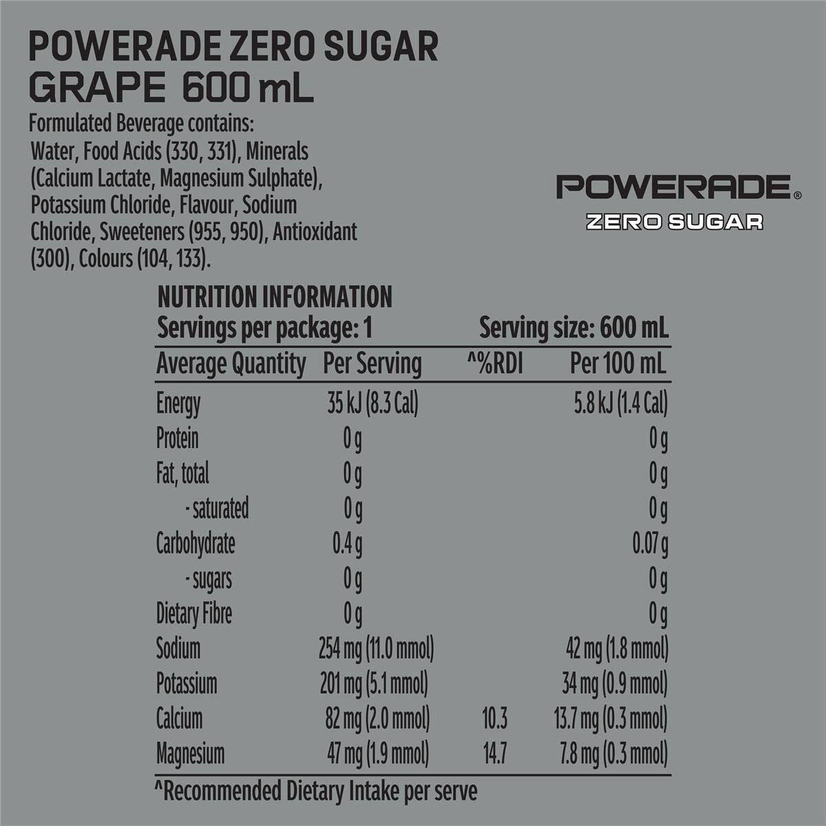 Powerade Grape Zero Sugar Sports Drink Sipper Cap 600mL