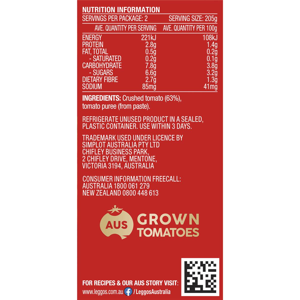 Leggo's Australian Grown Crushed Tomatoes 410g