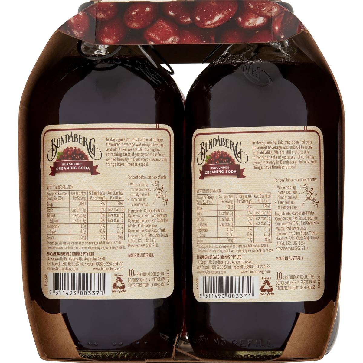 Bundaberg Burgundee Creaming Soda 375ml x4 Pack