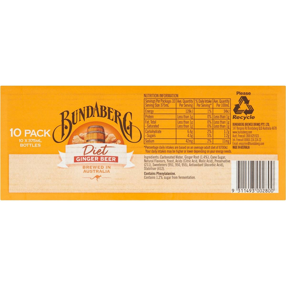 Bundaberg Diet Ginger Beer 375ml x10 Pack