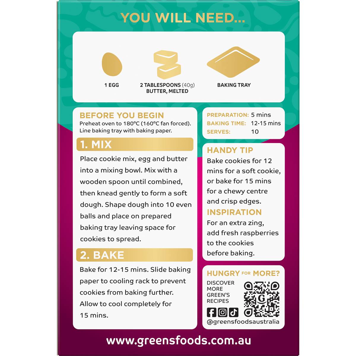 Green's White Chocolate & Raspberry Cookies Mix 380g