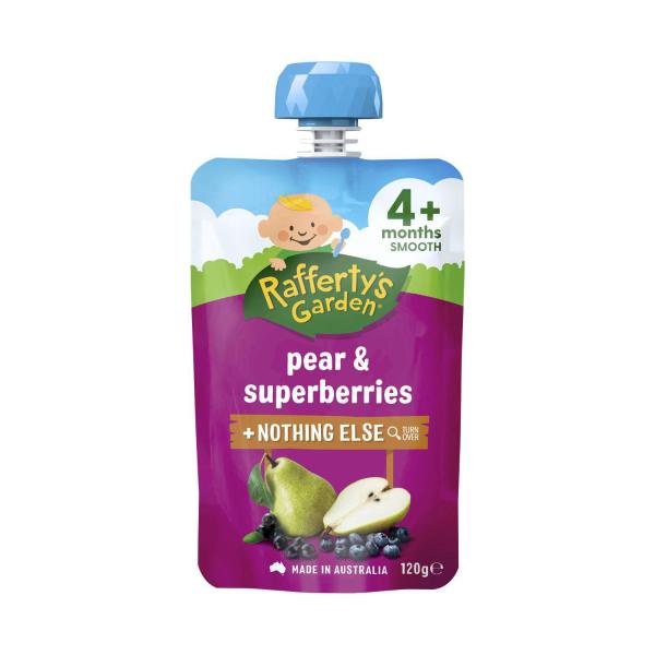 RAFFERTY'S GARDEN BABY FOOD POUCH PEAR & SUPERBERRIES AND NOTHING ELSE 4+ MONTHS 120G