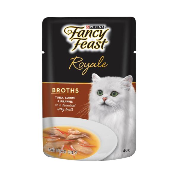 FANCY FEAST ADULT ROYALE BROTHS TUNA SURIMI PRAWN CAT FOOD 40GRAM