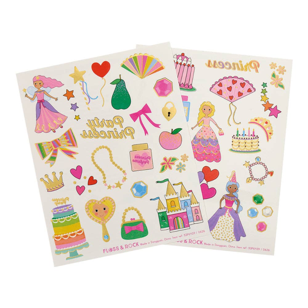 Floss & Rock Temporary Tattoos Princess 2 Sheets over 40 tattoos Art and craft for kid Unicorn and Castle Theme 3yrs+