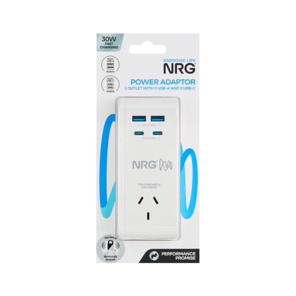 NRG POWER ADAPTOR 1 OUTLET WITH 2 USB-A AND 2 USB-C